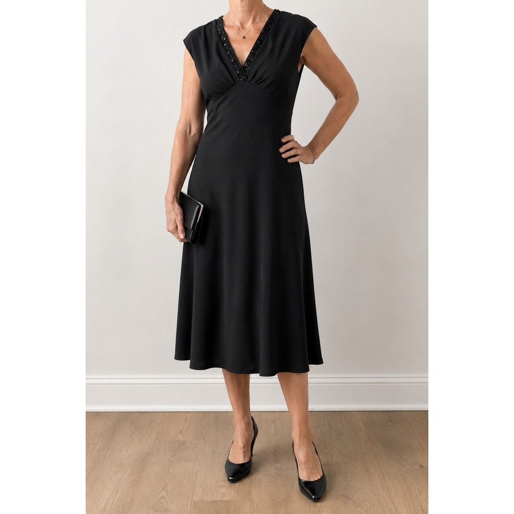 Jones New York Black Empire Waist Midi Dress 14 Bead Cap Sleeve Career Evening